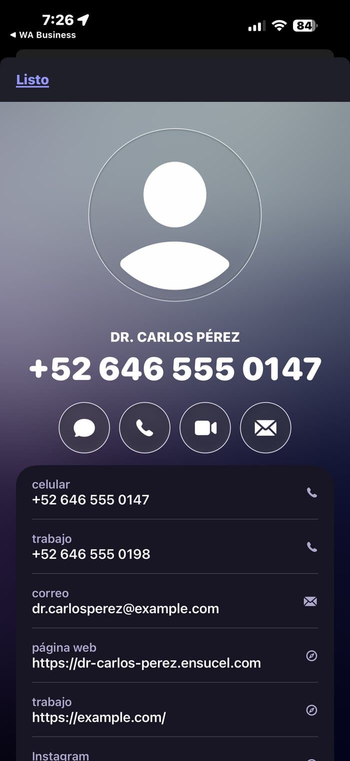 Contacto guardado en un iPhone desde un Centro Digital